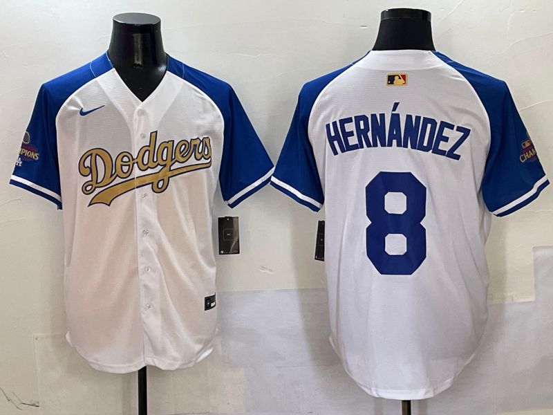 Men Los Angeles Dodgers #8 Hernandez White Blue Champion gold character Nike 2025 MLB Jersey style 504